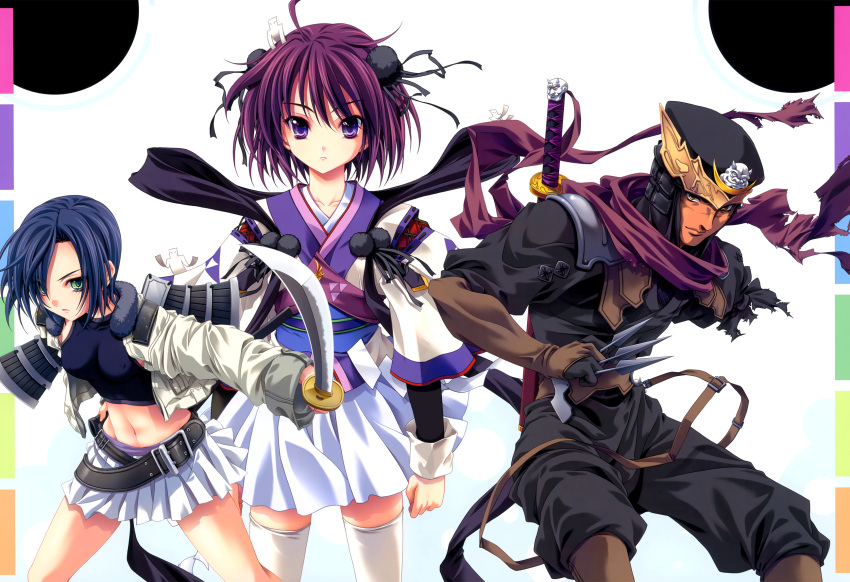 blue_hair miyama-zero nanjou_ran ninja purple_hair scan sengoku_rance short_hair sword thigh-highs thighhighs weapon