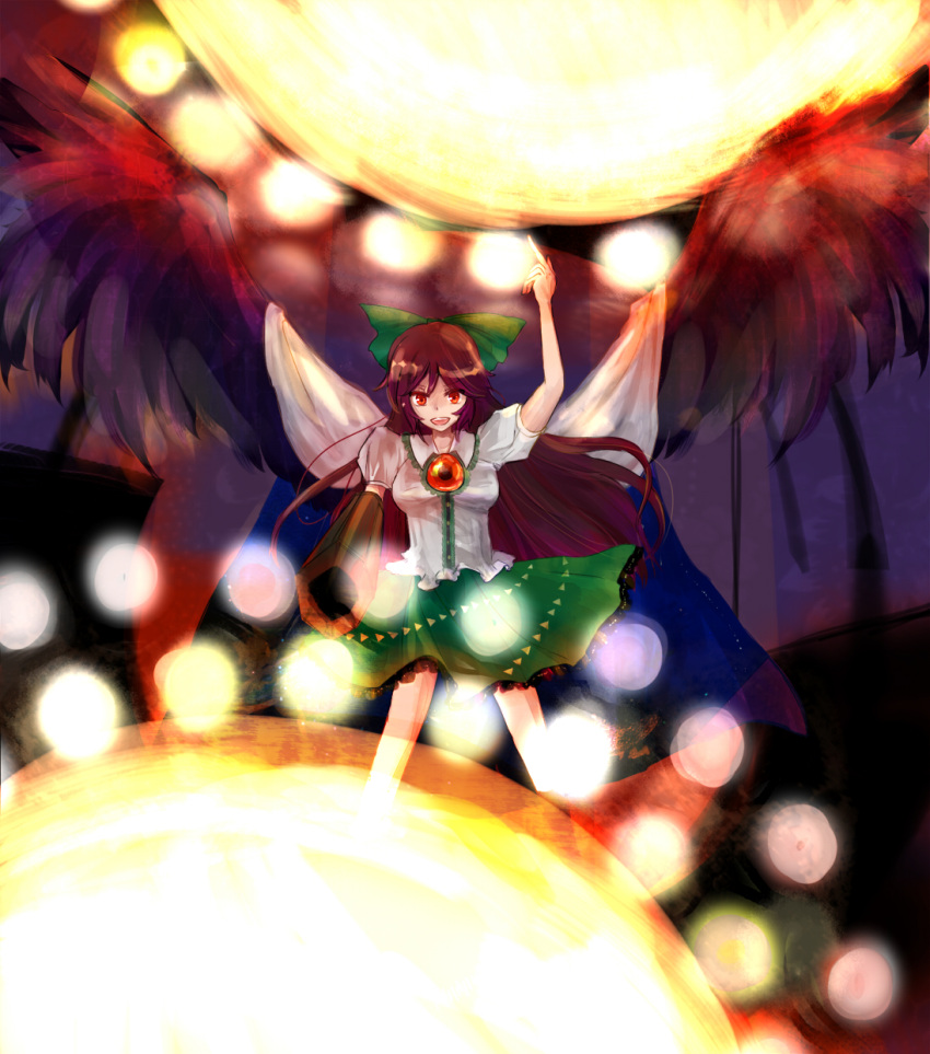 arm_cannon bad_id bow brown_hair cape dress hair_bow highres long_hair red_eyes reiuji_utsuho sabuosandayo skirt solo standing touhou wings