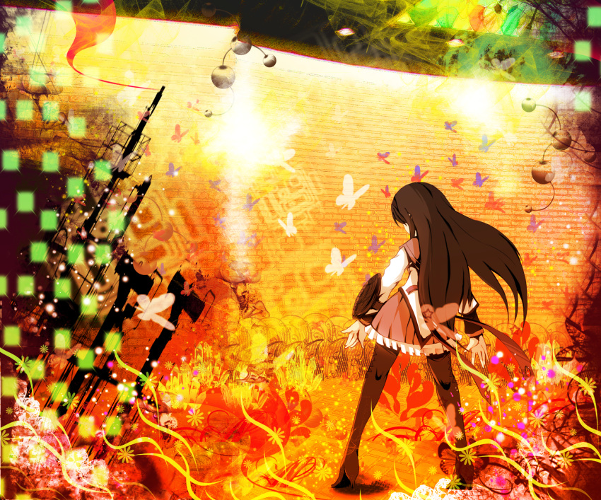 akemi_homura akenoin akenoin_soumon bad_id black_hair boots brown_hair butterfly from_behind highres legs long_hair looking_away mahou_shoujo_madoka_magica pantyhose school_uniform skirt solo standing thigh_boots thighhighs