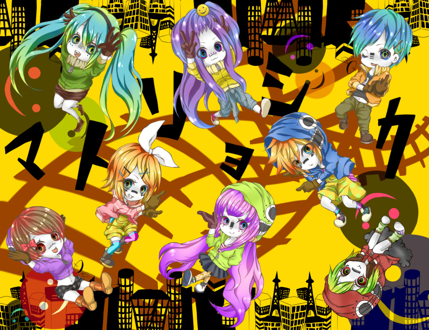 3boys 5girls :3 :d aqua_hair blonde_hair blue_hair boots bow brown_hair chibi crazy_eyes gloves gradient_hair green_hair gumi hair_bow hairclip hatsune_miku hoodie kagamine_len kagamine_rin kaito kamui_gakupo matryoshka_(vocaloid) megurine_luka meiko middle_finger multiple_boys multiple_girls navel open_jacket open_mouth pantyhose pink_hair pleated_skirt purple_hair shoes short_hair short_shorts socks sweater sweater_around_waist tongue twintails vocaloid white_skin wink