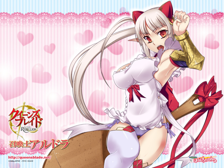 aldora animal_ears apron arm_up armpits bangs blue_panties blush bow breasts detached_sleeves fighting_stance hair_ornament heart highres huge_weapon kantaka lace large_breasts leg_lift long_hair naked_apron official_art open_mouth paddle panties parted_bangs pointy_ears ponytail queen's_blade queen's_blade_rebellion queen's_blade queen's_blade_rebellion red_eyes ribbon side-tie_panties silver_hair solo striped striped_background thigh-highs thighhighs underwear very_long_hair wallpaper weapon
