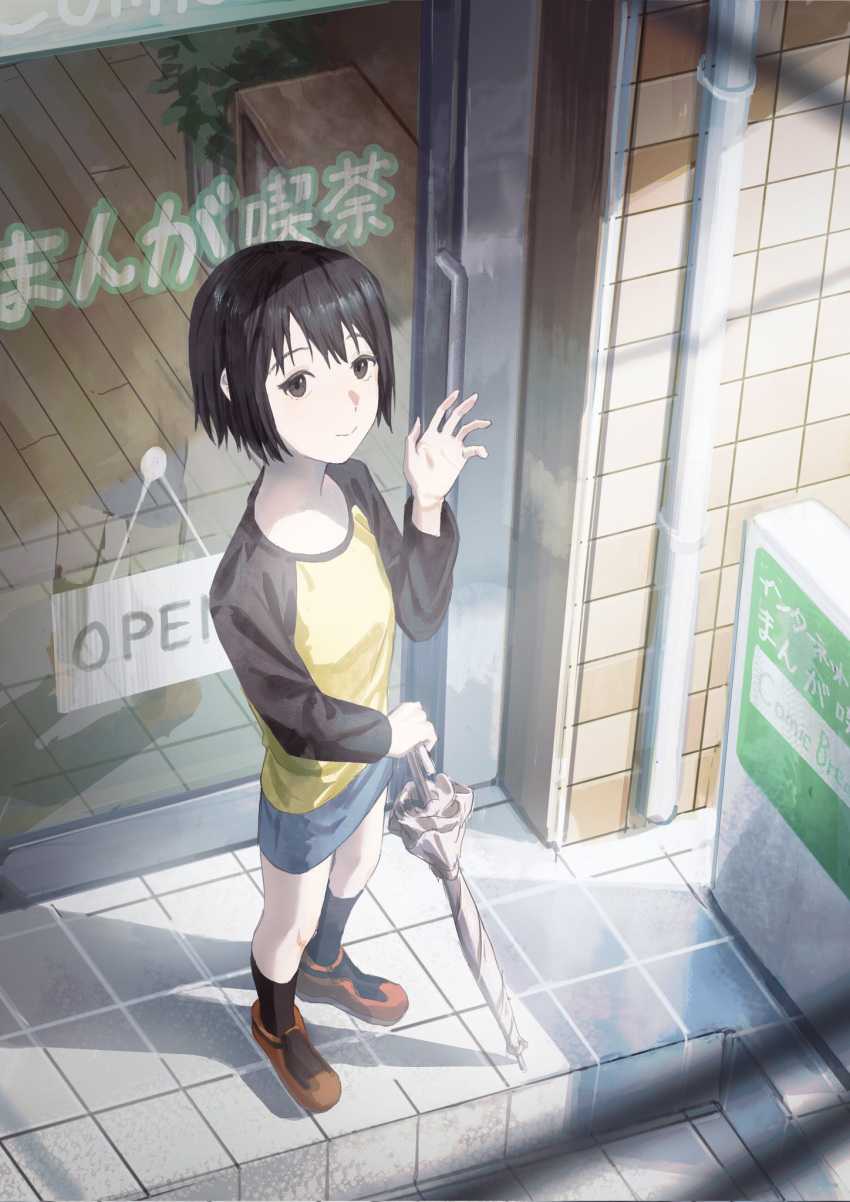 1girl black_hair brown_eyes brown_shoes commentary_request denim denim_skirt from_above full_body glass_door highres holding holding_umbrella kuthi0510 long_sleeves looking_at_viewer nakahara_misaki nhk_ni_youkoso! outdoors raglan_sleeves reflection shirt shoes short_hair skirt smile socks solo standing sunlight two-tone_shirt umbrella waving