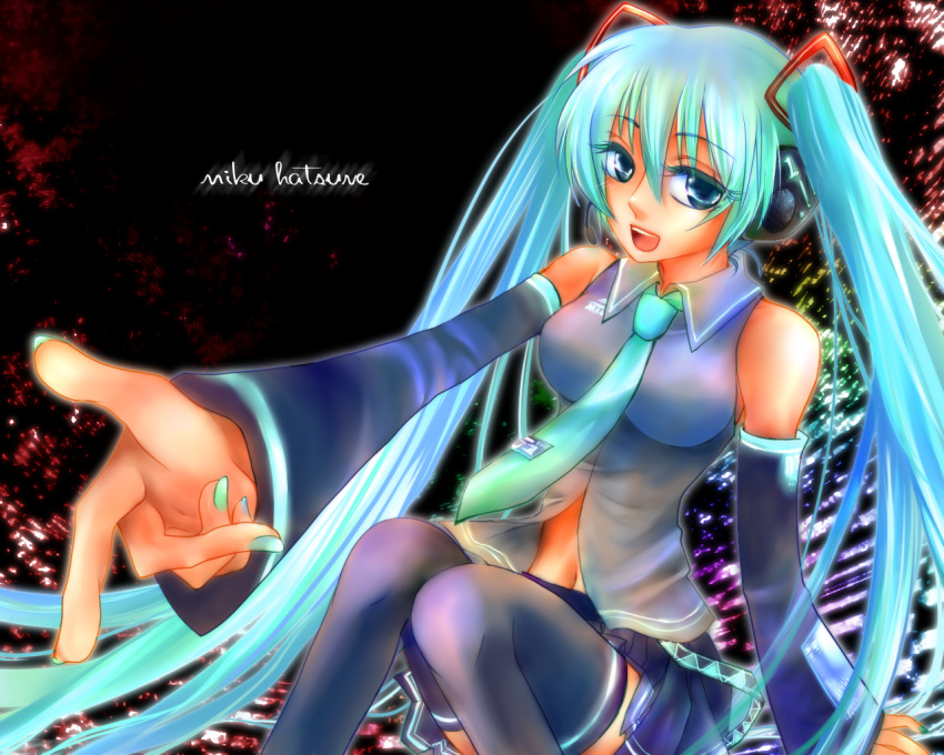 aqua_hair blue_eyes detached_sleeves hatsune_miku headphones nail_polish navel necktie nekoi open_mouth outstretched_arm sitting thigh_highs twintails very_long_hair vocaloid