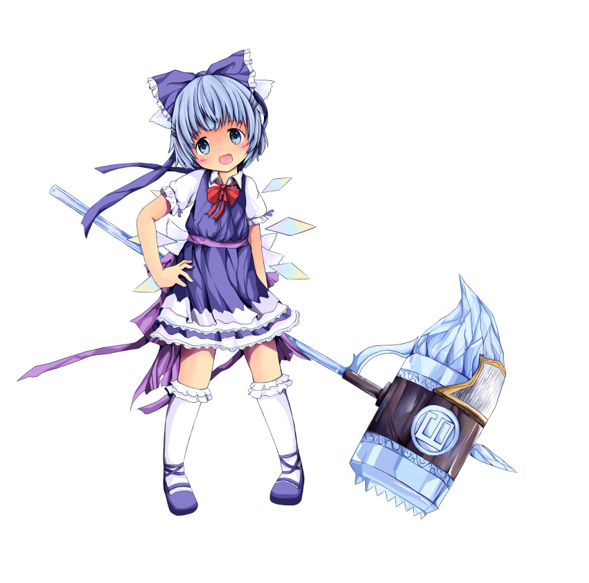 ? absurdres bad_id blue_dress blue_eyes blue_hair blush bow bowtie cirno dress dress_shirt fairy_wars fang frilled_kneehighs frilled_legwear hair_bow hammer hand_on_hip highres hips huge_weapon ice kneehighs mallet mary_janes open_mouth sakuraba_hikaru_(artist) sash shirt shoes short_hair smile solo standing touhou weapon white_kneehighs white_legwear wings yousei_daisensou Ã¢â€˜Â¨ Ã§Â«Â­Ã¯Â½Â¨ â‘¨