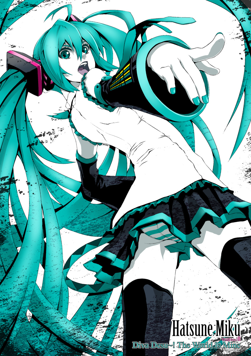 absurdres aqua_eyes aqua_hair bare_shoulders detached_sleeves from_behind hatsune_miku highres long_hair looking_back nail_polish necktie open_mouth pale_skin panties pantyshot paolo_antonio_aguasin pointing skirt solo thigh-highs thighhighs twintails underwear very_long_hair vocaloid