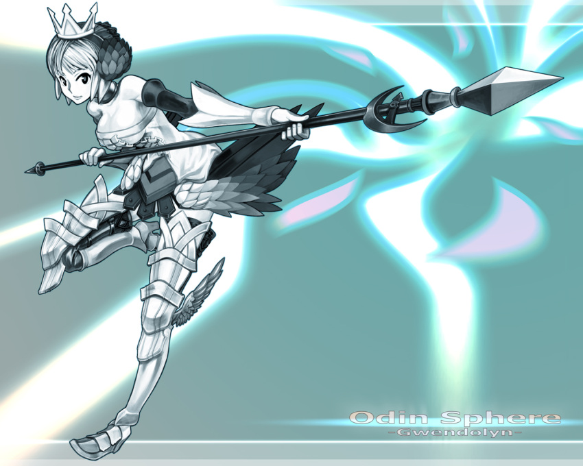 aqua armor armored_dress bare_shoulders boots braid breasts character_name choker cleavage crown dress elbow_gloves gloves gwendolyn high_heels masn_(moxi) moxi odin_sphere polearm shoes solo spear thigh-highs thighhighs title_drop weapon wings