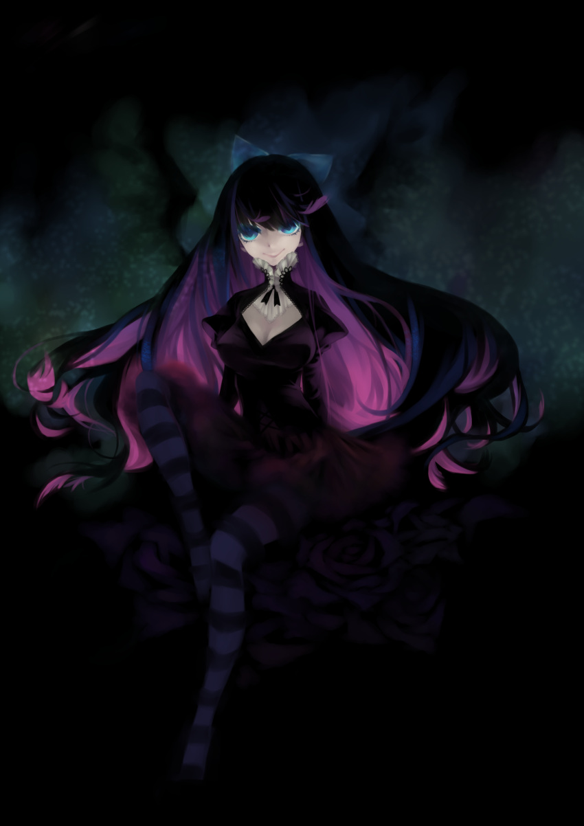 :&gt; absurdres black blue_eyes cleavage_cutout dark flower flowers hair_ribbon highres legs long_hair multicolored_hair panty_&amp;_stocking_with_garterbelt ribbon sitting smile solo stocking_(character) stocking_(psg) striped striped_legwear striped_thighhighs thigh-highs thighhighs yukino_neko