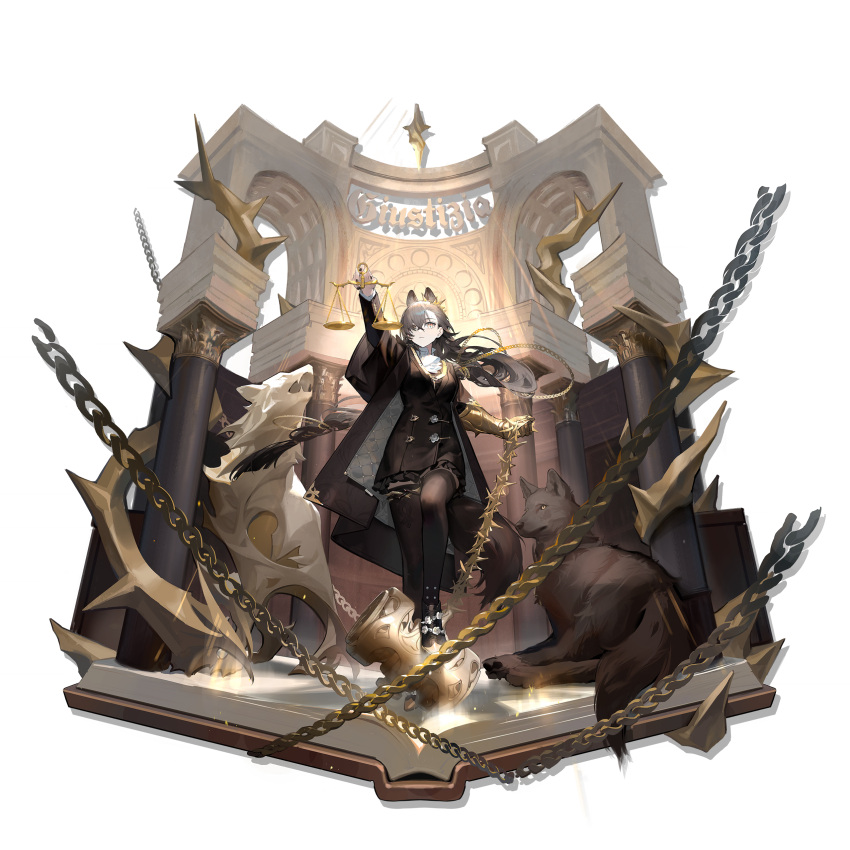 1girl absurdres animal_ears arknights arm_up ascot black_coat black_hair black_pantyhose black_skirt chain coat dress floating_hair full_body gauntlets gloves highres holding holding_chain iris_yi long_hair long_sleeves looking_at_viewer official_art one_eye_covered open_clothes open_coat pantyhose penance_(arknights) shirt single_gauntlet skirt solo standing statue tail third-party_source transparent_background very_long_hair weighing_scale white_ascot white_shirt wolf wolf_ears wolf_girl wolf_tail yellow_eyes