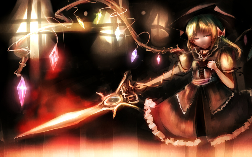 alternate_costume bad_id blonde_hair bow cross flandre_scarlet hair_bow hair_ornament hat highres jewelry mifuru necklace outstretched_arm red_eyes short_hair side_ponytail solo sword the_embodiment_of_scarlet_devil touhou weapon wings