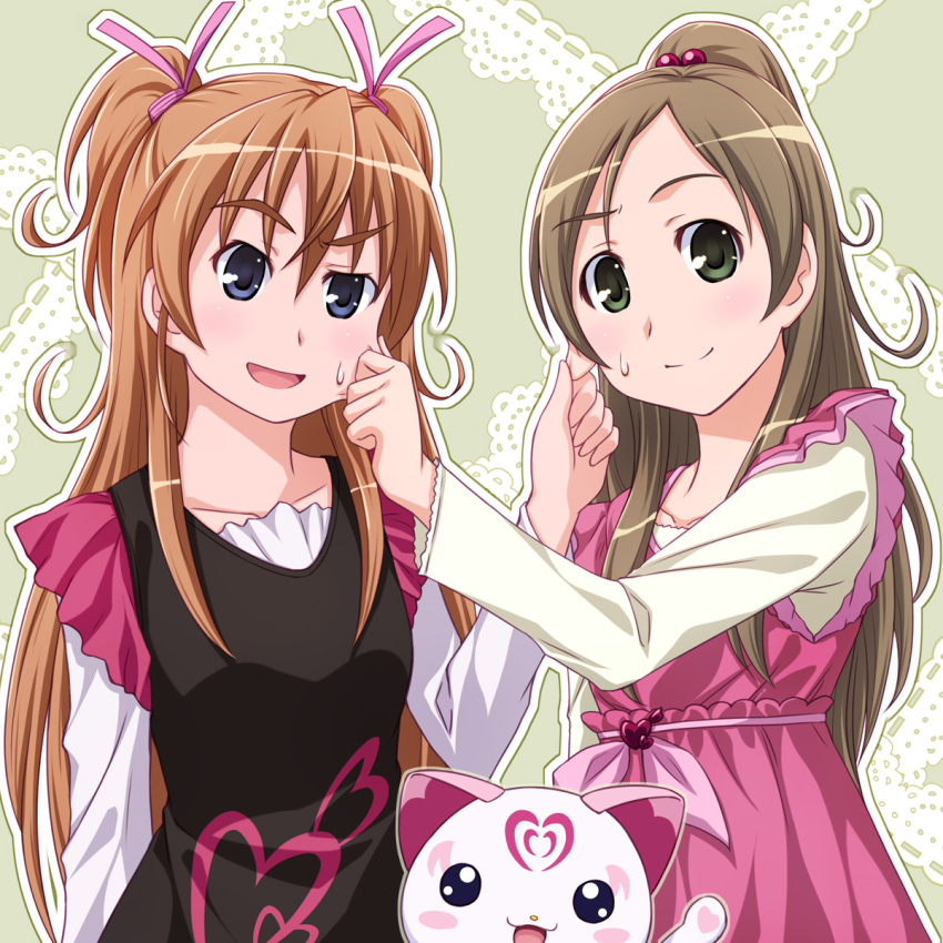 blue_eyes blush brown_hair cat_ears dress green_eyes hair_ribbon hammy heart highres houjou_hibiki hummy_(suite_precure) long_hair minamino_kanade open_mouth orange_hair ponytail precure ribbon sayousuke smile suite_precure sweatdrop twintails two_side_up