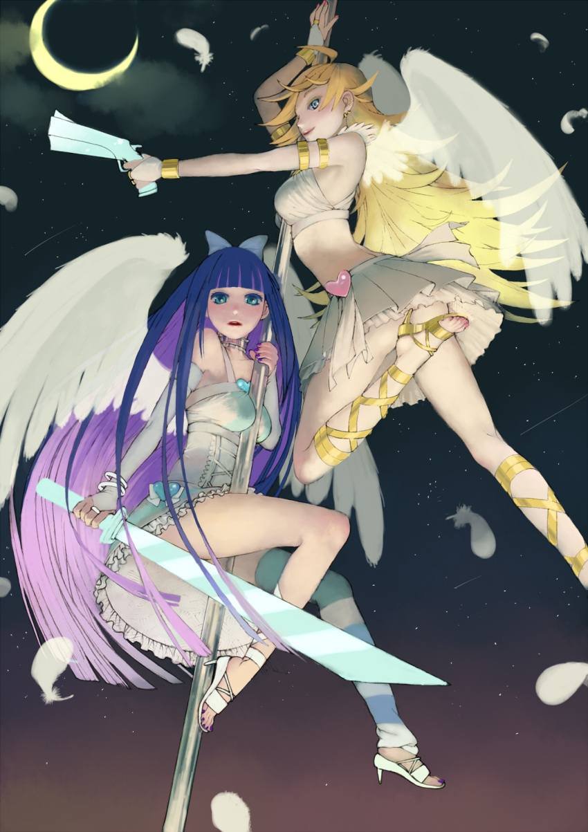angel angel_wings back_lace blonde_hair blue_eyes blush crescent_moon feathers gun heart high_heels highres hiku_(unchi) lips moon multicolored_hair multiple_girls nail_polish night panty_&amp;_stocking_with_garterbelt panty_(character) panty_(psg) pole sandals shoes single_thighhigh skirt stocking_(character) stocking_(psg) striped striped_legwear striped_thighhighs stripes_i_&amp;_ii sword thigh-highs thighhighs weapon wings