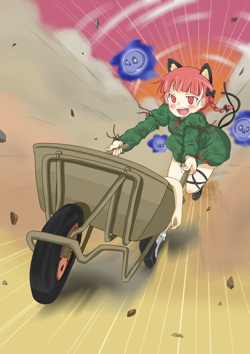 absurdres animal_ears bow braid cat_ears cat_tail extra_ears highres kaenbyou_rin kagachan multiple_tails open_mouth red_eyes red_hair redhead running short_hair solo tail touhou twin_braids twintails wheelbarrow