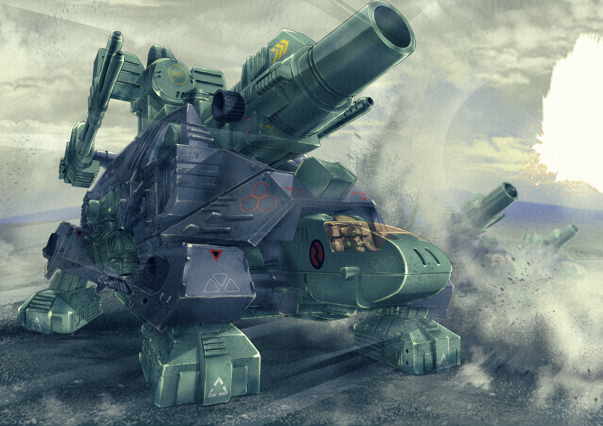1boy absurdres armor assault_visor cannon cannon_tortoise clouds cockpit cockpit_sitting commentary day desert dirt dust gelovreath glass_cockpit helmet highres joints mecha mecha_focus military_uniform mountainous_horizon outdoors robot robot_joints science_fiction shoulder_armor shoulder_cannon sky solo tortoise turtle turtle_shell zoids