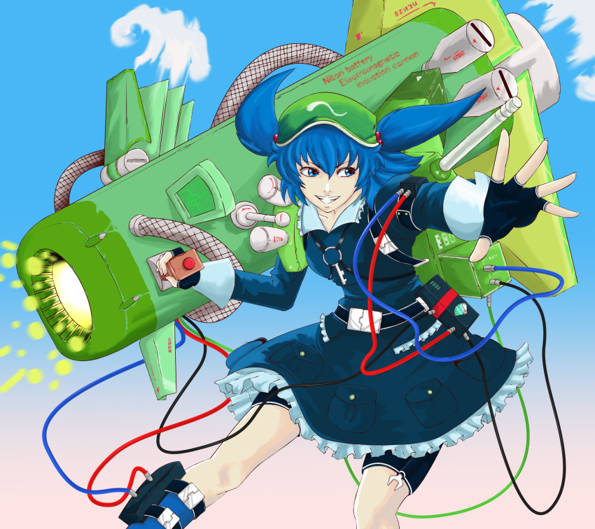 absurdres alternate_color blue_eyes blue_hair cannon hair_bobbles hair_ornament hat highres kawashiro_nitori key short_hair solo touhou twintails versapro wires
