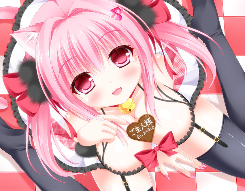 1girl animal_ears bell bell_collar between_breasts black_bra black_legwear blush bra breasts cat_ears cat_tail checkered checkered_floor chocolate chocolate_heart cleavage collar from_above garter_straps hair_ornament hairclip heart highres legs mole original pink_eyes pink_hair pointing shocchan_(sanymph) sitting tagme tail thigh-highs underwear wariza