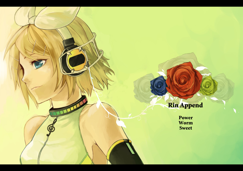 aqua_eyes blonde_hair blue_rose flower hair_ornament hair_ribbon hairclip headphones highres kagamine_rin kagamine_rin_(append) letterboxed portrait red_rose ribbon rioko rose short_hair solo vocaloid vocaloid_append yellow_rose