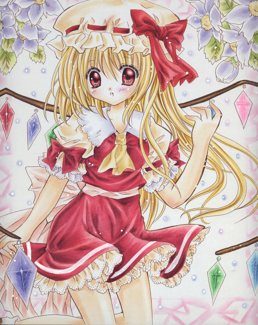absurdres alternate_hairstyle ascot bad_id blonde_hair blush flandre_scarlet flower hat highres long_hair red_eyes shoukichi solo the_embodiment_of_scarlet_devil touhou traditional_media wings
