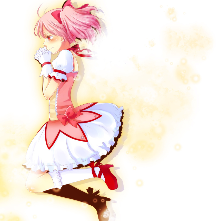 bubble_skirt dress gloves hair_ribbon hands_clasped highres kaname_madoka kneehighs magical_girl mahou_shoujo_madoka_magica mina_m pink_eyes pink_hair profile red_eyes ribbon shoes short_hair short_twintails simple_background tears twintails white_kneehighs white_legwear