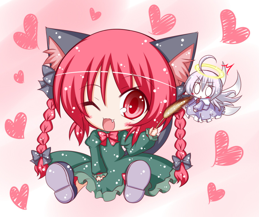 :3 ahoge animal_ears blush bow braid cat_ears cat_tail cattail chibi dress hair_bow halo heart kaenbyou_rin lilywhite_lilyblack multiple_girls o_o plant red_eyes red_hair sitting tail touhou twin_braids twintails wings wink zombie_fairy