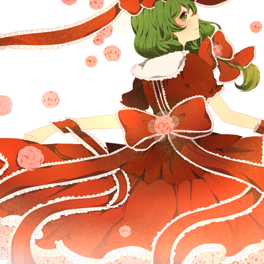 bad_id bow dress flower frills from_behind front_ponytail green_eyes green_hair hair_bow highres kagiyama_hina komine long_hair looking_back pink_rose red_dress rose simple_background solo touhou