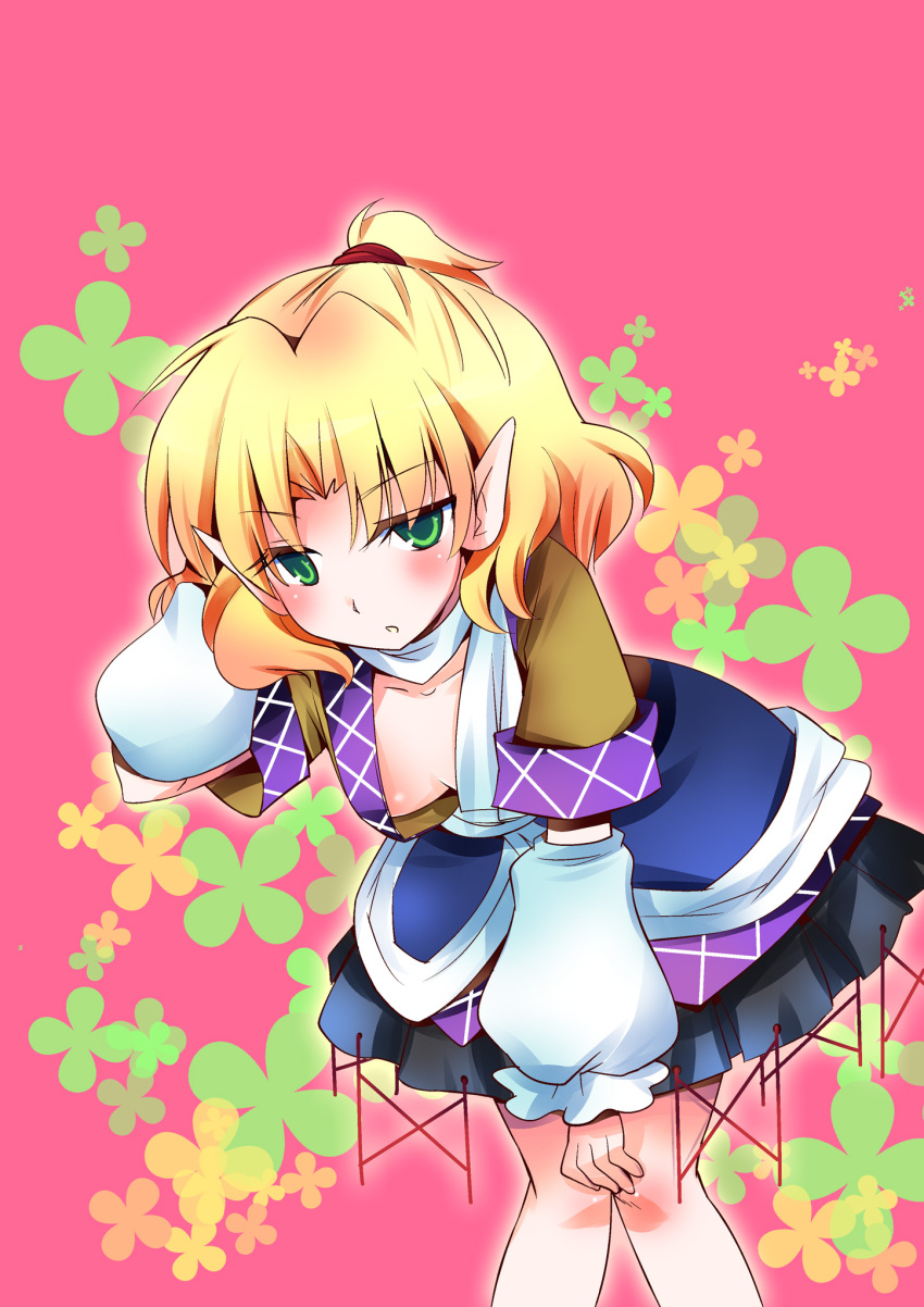 arm_warmers blonde_hair down_blouse green_eyes highres leaning_forward mizuhashi_parsee no_bra ogakuru open_clothes open_shirt pointy_ears ponytail scarf shirt short_hair solo touhou