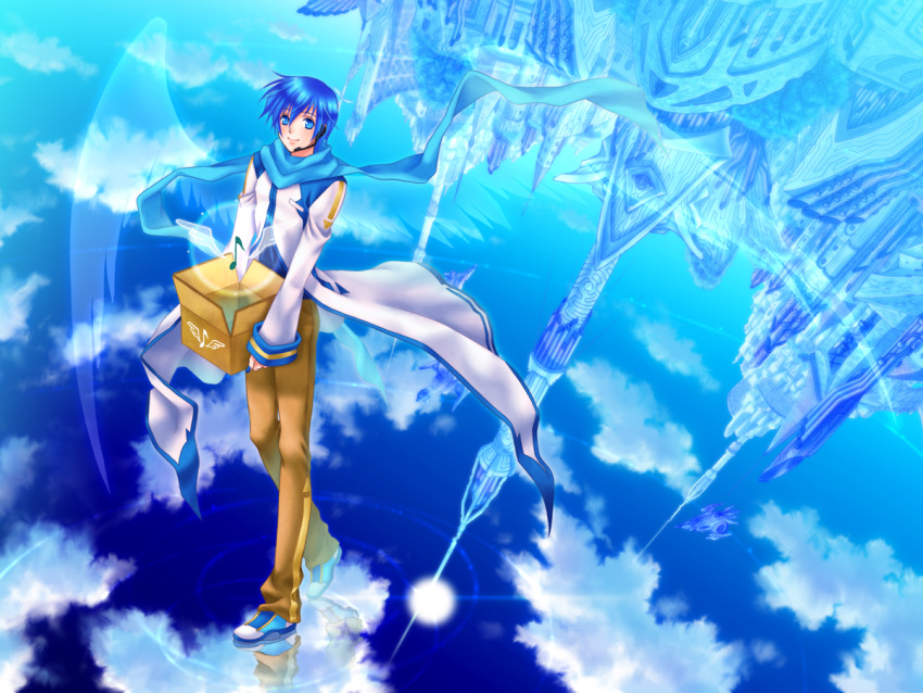 angel_wings blue blue_hair box coat headset kaito looking_up male musical_note scarf short_hair sky sun tower vocaloid water wings yuuno_(yukioka)