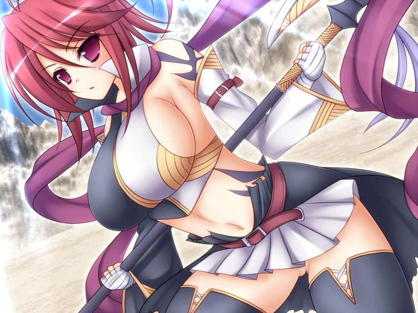 blush breasts koihime_musou large_breasts midriff mikan_(5555) navel red_eyes ryofu short_hair solo weapon