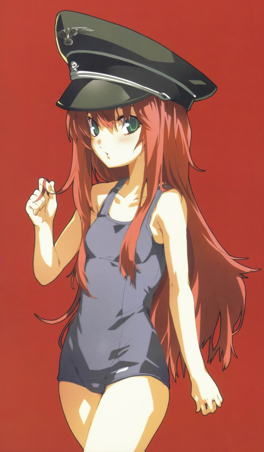 blush collarbone dies_irae g_yuusuke green_eyes hair_twirling hat highres long_hair one-piece_swimsuit peaked_cap red_hair redhead rusalka_schwagerin school_swimsuit skull skull_and_crossbones swimsuit very_long_hair