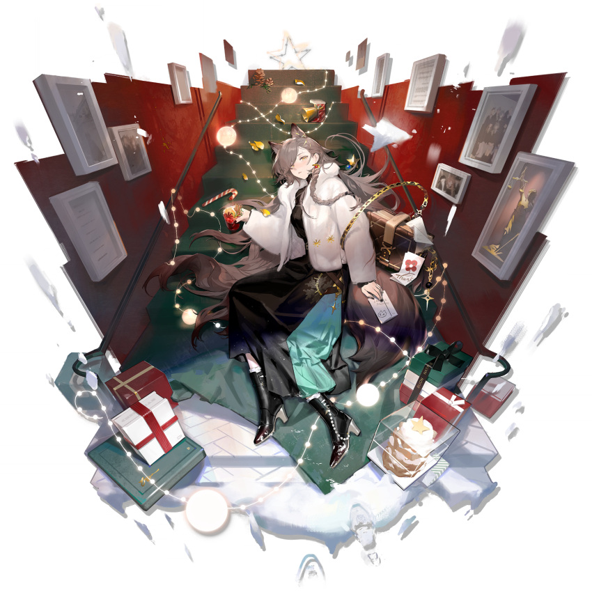 1girl animal_ears apple arknights black_boots black_dress boots box brown_hair candy candy_cane christmas christmas_lights christmas_ornaments christmas_present christmas_tree coat cup dress earrings envelope food fruit full_body fur_trim gift gift_box hair_over_one_eye high_heel_boots high_heels highres holding holding_cup holding_gift iris_yi jacket jewelry letter long_hair long_sleeves looking_at_viewer lying merry_christmas official_alternate_costume official_art on_side open_clothes open_jacket penance_(arknights) penance_(occasionally_flushed)_(arknights) photo_(object) picture_frame smile snow solo stairs tail third-party_source transparent_background very_long_hair white_jacket wolf_ears wolf_girl wolf_tail yellow_eyes