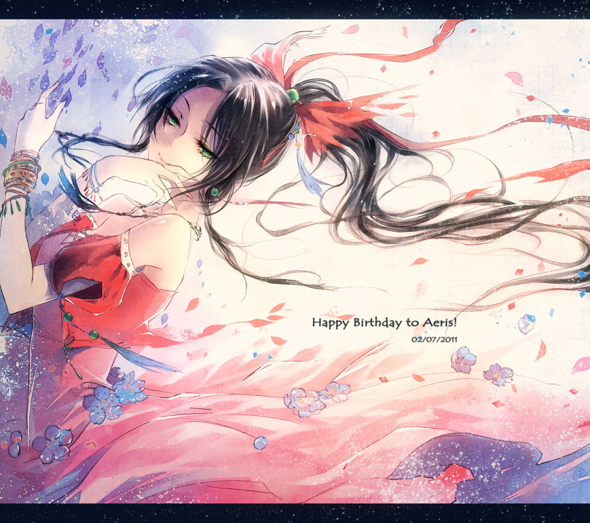 aerith_gainsborough bare_shoulders black_hair bow brown_hair character_name dress earrings english final_fantasy final_fantasy_vii floating_hair flower green_eyes hair_bow happy_birthday jewelry kieta letterboxed necklace petals ponytail