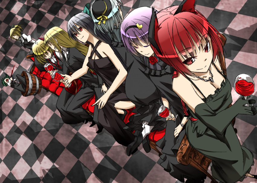 alternate_costume black_dress black_hair blonde_hair checkered checkered_floor contemporary couch cup dress dutch_angle formal horn hoshiguma_yuugi kaenbyou_rin karori karori_(c-side) kisume komeiji_koishi komeiji_satori kurodani_yamame mizuhashi_parsee multiple_girls pant_suit purple_hair red_eyes red_hair reiuji_utsuho sitting subterranean_animism suit touhou wine_glass