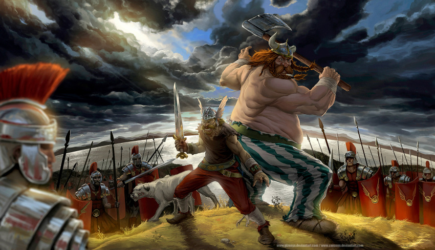 asterix asterix_(character) asterix_and_obelix axe beard blurry collaboration depth_of_field dog dogmatix facial_hair gizenya helmet highres legionnaire muscle mustache obelix polearm roman_empire spear sword weapon