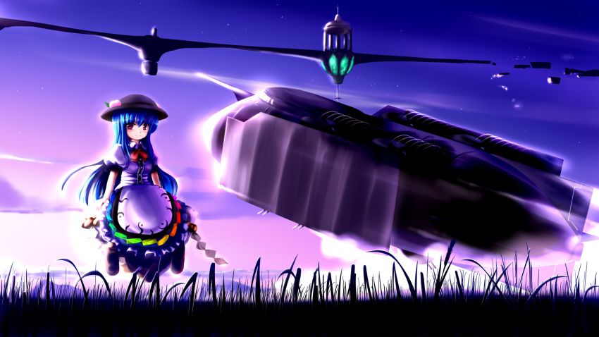 blue_hair bow chipika food fruit grass hat highres hinanawi_tenshi keystone leaf long_hair long_skirt peach puffy_sleeves red_eyes rock rope science_fiction short_sleeves skirt sky smile solo space_craft touhou very_long_hair