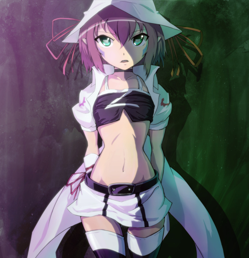green_eyes hat highres merry_nightmare midriff navel pointy_ears purple_hair ribbon short_hair skirt small_waist solo stds striped striped_legwear striped_thighhighs thigh-highs thighhighs yumekui_merry