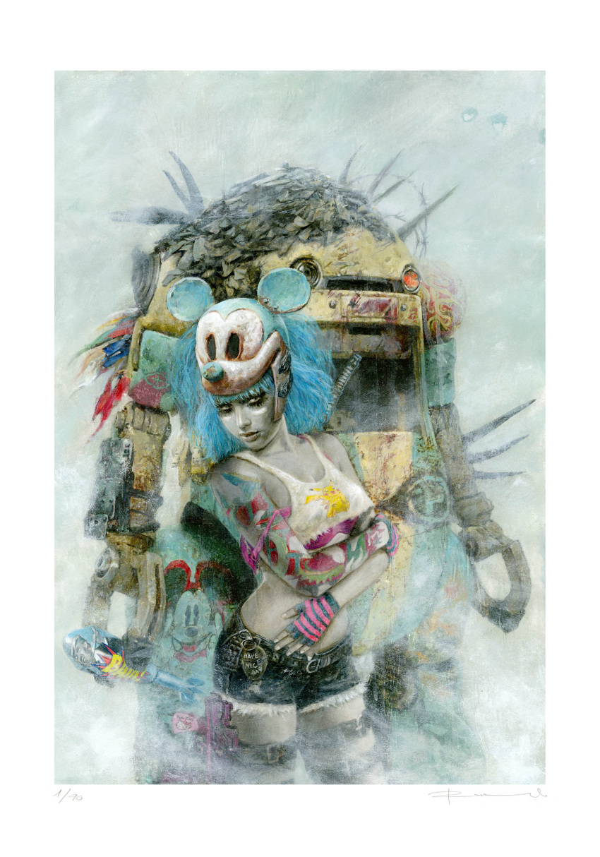1girl absurdres arm_tattoo artist_name belt blue_hair border bra breasts closed_mouth collarbone commentary cowboy_shot disney donald_trump english_commentary english_text fingerless_gloves gloves gun hello_kitty hello_kitty_(character) highres humanoid_robot katana looking_at_viewer mickey_mouse midriff original pikachu pink_bra pokemon robot romulo_royo sanrio science_fiction shorts solo strap_slip sword sword_on_back tank_top tattoo thigh_strap underwear weapon weapon_on_back white_border