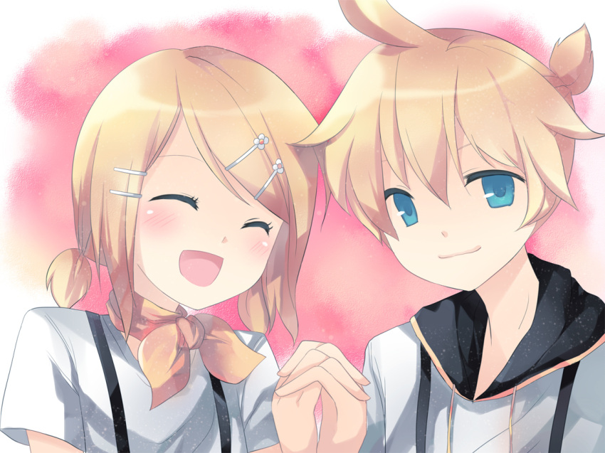 blonde_hair blue_eyes blush closed_eyes hairclip holding_hands kagamine_len kagamine_rin low_twintails neckerchief open_mouth ponytail short_hair smile vocaloid
