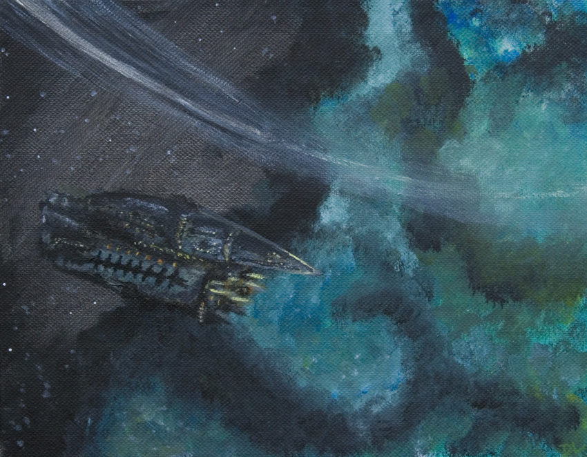 abaddon_(eve_online) amarr_empire_(eve_online) battleship_(eve_online) blue_theme canvas_texture carthum_conglomerate_(eve_online) clouds combat_ship_(eve_online) commentary dark english_commentary eve_online glowing highres hplovecats military_vehicle nebula no_humans outdoors painting_(medium) scenery science_fiction space spacecraft star_(sky) traditional_media vehicle_focus