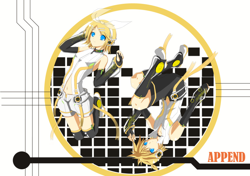 blonde_hair blue_eyes choker detached_sleeves hairclip headphones highres kagamine_len kagamine_len_(append) kagamine_rin kagamine_rin_(append) leg_warmers len_append navel ponytail popped_collar rin_append see_through short_hair short_shorts shorts upside_down vocaloid vocaloid_append