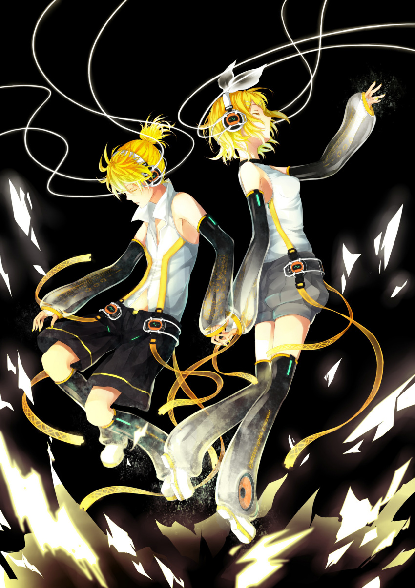 arm_warmers back-to-back bad_id bare_shoulders blonde_hair brother_and_sister closed_eyes detached_sleeves eyes_closed fingerless_gloves gloves hair_ornament hair_ribbon hairclip hand_holding headphones highres holding_hands kagamine_len kagamine_len_(append) kagamine_rin kagamine_rin_(append) leg_warmers nail_polish navel ribbon short_hair shorts shuon siblings twins vocaloid vocaloid_append