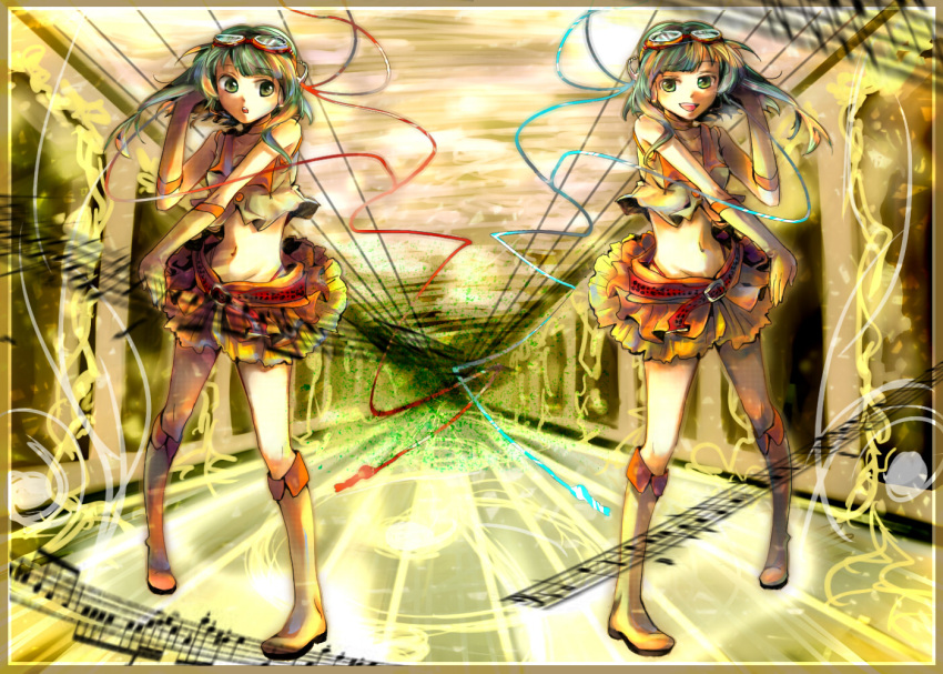 belt boots cable elbow_gloves goggles green_eyes green_hair gumi hand_on_headphones headphones midriff music navel open_mouth short_hair symmetry vocaloid