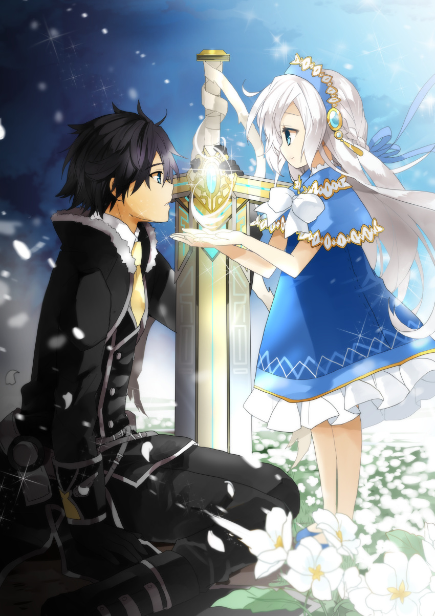 ahoge black_gloves black_hair blue_eyes boots bow braid child dress field flower fur_trim gloves hair_ornament hair_ribbon hairband headdress highres kurot long_hair necktie night original petals ribbon short_hair silver_hair sitting standing star sword weapon white_hair