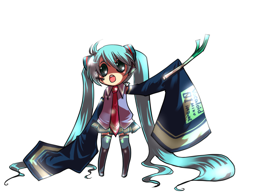 aqua_hair blue_eyes chibi hatsune_miku holding long_sleeves necktie open_mouth pleated_skirt spring_onion thigh_boots twintails vocaloid white