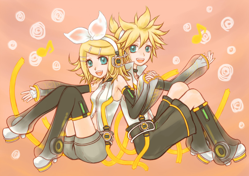 blonde_hair blue_eyes choker detached_sleeves hairclip headphones highres holding_hands kagamine_len kagamine_len_(append) kagamine_rin kagamine_rin_(append) leg_warmers len_append musical_note nail_polish open_mouth ponytail popped_collar rin_append short_hair shorts sitting vocaloid vocaloid_append