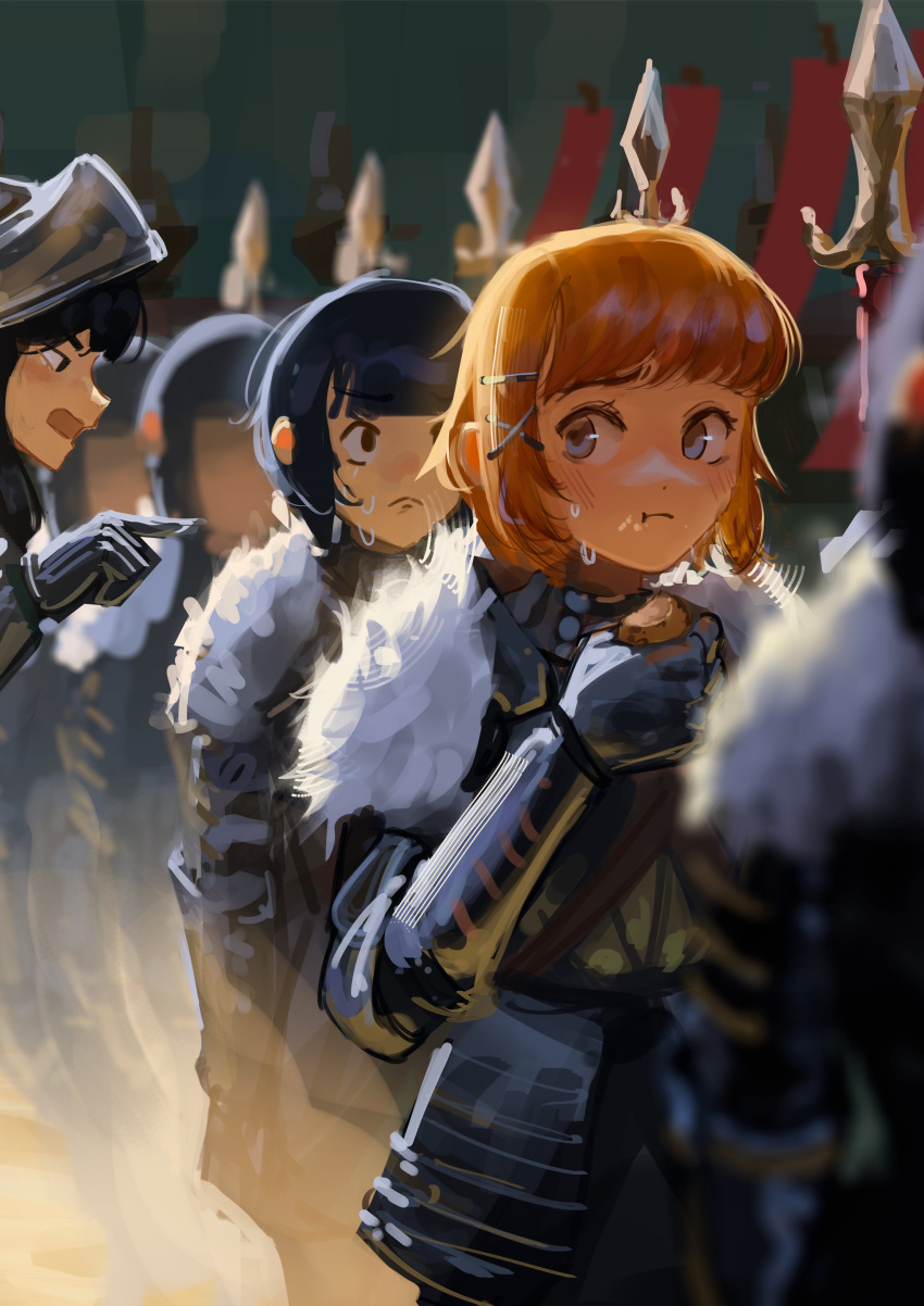 6+girls :t absurdres armor black_eyes blue_eyes blue_hair blush capelet closed_mouth commentary cowboy_shot crumbs cuirass dot_nose eating english_commentary faulds food food_on_face frown full_armor fur_capelet gauntlets grey_armor helmet highres holding_potato looking_at_another looking_to_the_side medium_hair multiple_girls nervous open_mouth orange_hair original pointing pointing_at_another polearm shadches72 sound_wave spear sweat weapon