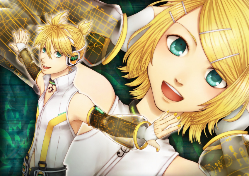 bass_clef blonde_hair blue_eyes choker detached_sleeves hairclip hands_on_headphones headphones highres kagamine_len kagamine_len_(append) kagamine_rin kagamine_rin_(append) len_append nail_polish open_mouth ponytail popped_collar rin_append see_through short_hair vocaloid