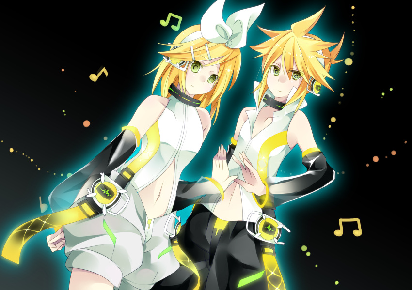 absurdres blonde_hair choker detached_sleeves glowing green_eyes hairclip headphones highres kagamine_len kagamine_len_(append) kagamine_rin kagamine_rin_(append) len_append musical_notes navel ponytail popped_collar rin_append short_hair shorts vocaloid vocaloid_append