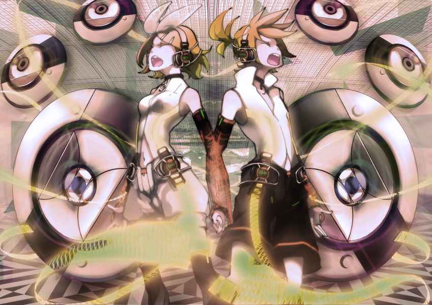 blonde_hair choker closed_eyes detached_sleeves hairclip headphones holding_hands kagamine_len kagamine_len_(append) kagamine_rin kagamine_rin_(append) leg_warmers len_append navel open_mouth ponytail popped_collar rin_append short_hair short_shorts shorts singing symmetry vocaloid vocaloid_append