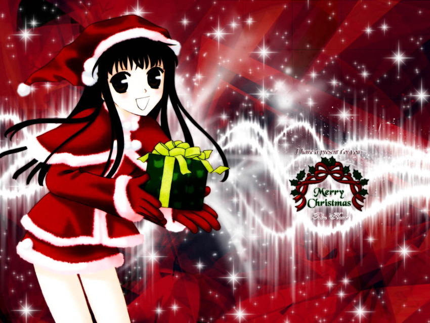 1girl christmas coat fruits_basket gloves honda_tohru present santa_hat wallpaper