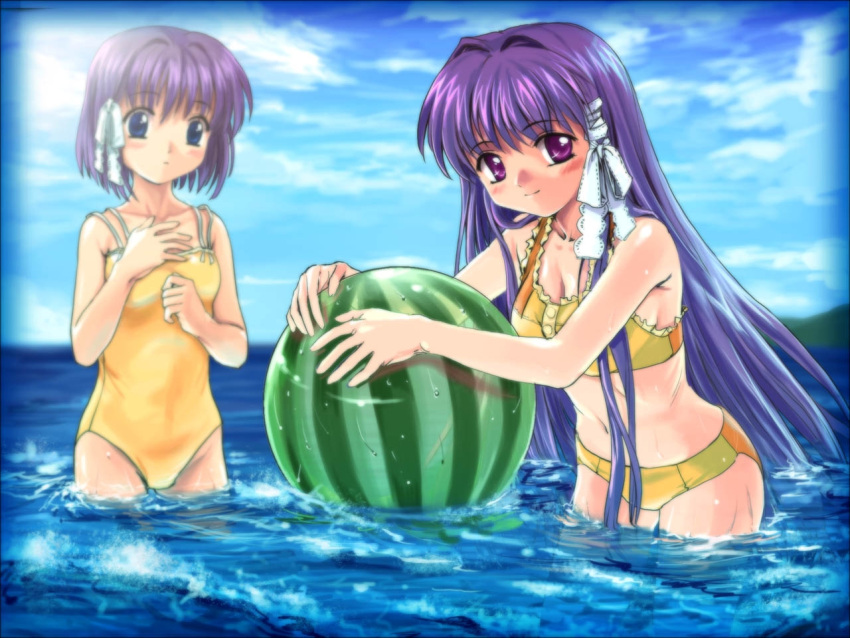 clannad food fruit fujibayashi_kyou fujibayashi_ryou holding holding_fruit mutsuki_(moonknives) ocean swimsuit watermelon