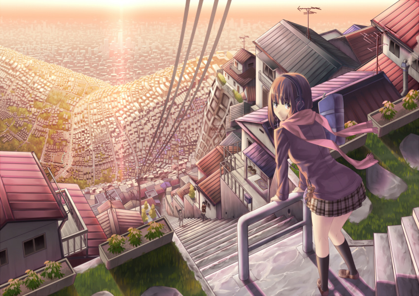 ac_(eshi) black_legwear brown_eyes brown_hair cellphone_strap cityscape eshi from_behind grass headphones kneehighs leaning_forward looking_back multiple_girls original plaid plaid_skirt plant potted_plant power_lines railing scarf scenery short_hair skirt stairs stuffed_animal stuffed_toy sunset tartan waving